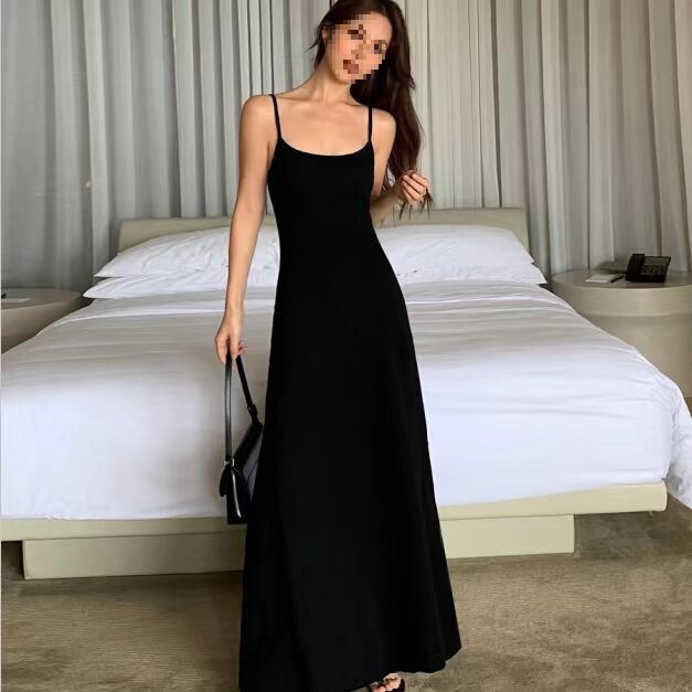 Hot Girl Pure Color High-Waist Suspbottomer Dress for Women Summer New Style Waist Slimming Look Off-Shoulder Inner Bottoming Over-The-Knee Long Skirt