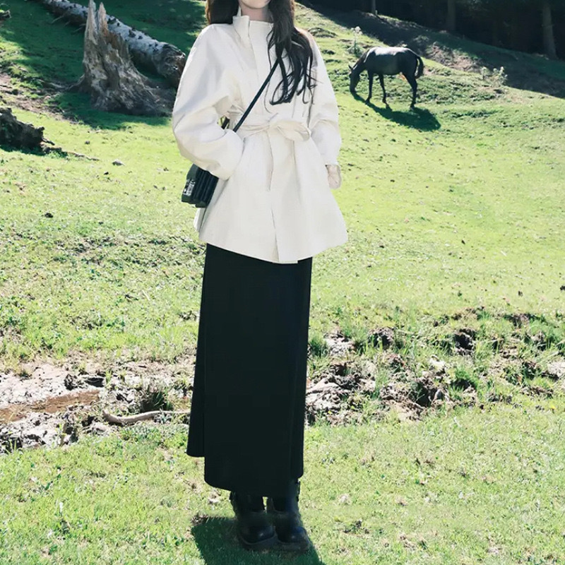 White Photo Album High-End Windbreaker Jacket Women's Short British Style Top Stand Collar Euree High-End Gray