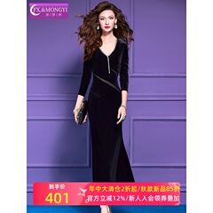 菲梦伊钉珠金丝绒黑色连衣裙女秋装复古轻熟收腰女人味礼服长裙子