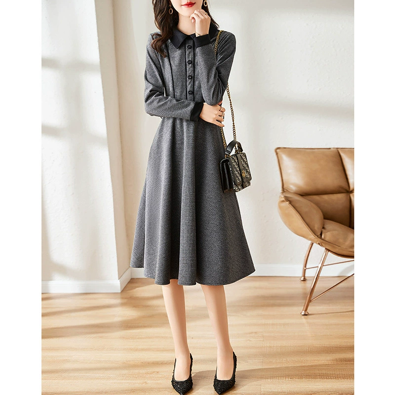 Платье осеннее женское новое ретро-контрастное платье с воротником POLO