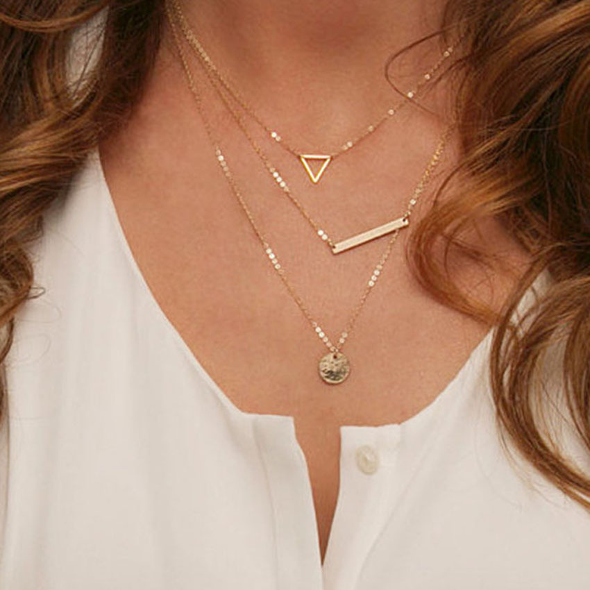 速卖通欧美新品时尚街拍风镂空三角宽棒亮片项链饰品锁骨链批发女