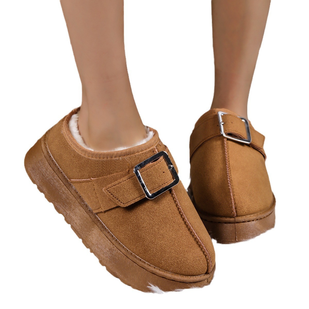 Scarpe da donna in cotone con suola spessa e pelliccia integrata, nuovi stivali da neve invernali con velluto, scarpe casual in cotone caldo in pelle di sabbia_voghion.com