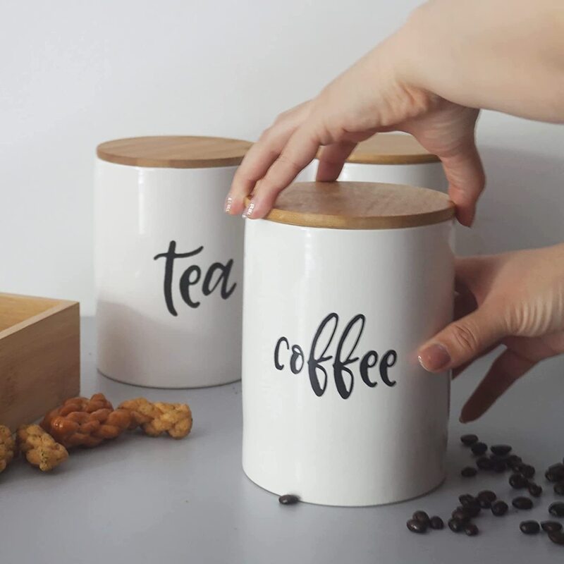 Kitchen food storage ceramic cans with bamboo lid airtight ceramic pot coffee sugar tea storage container foreign trade hot
