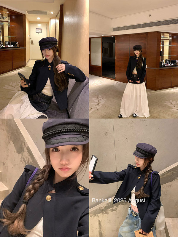 板栗可可Bankelili'睿智老钱'半开襟一粒扣老钱短款立领外套女秋|undefined