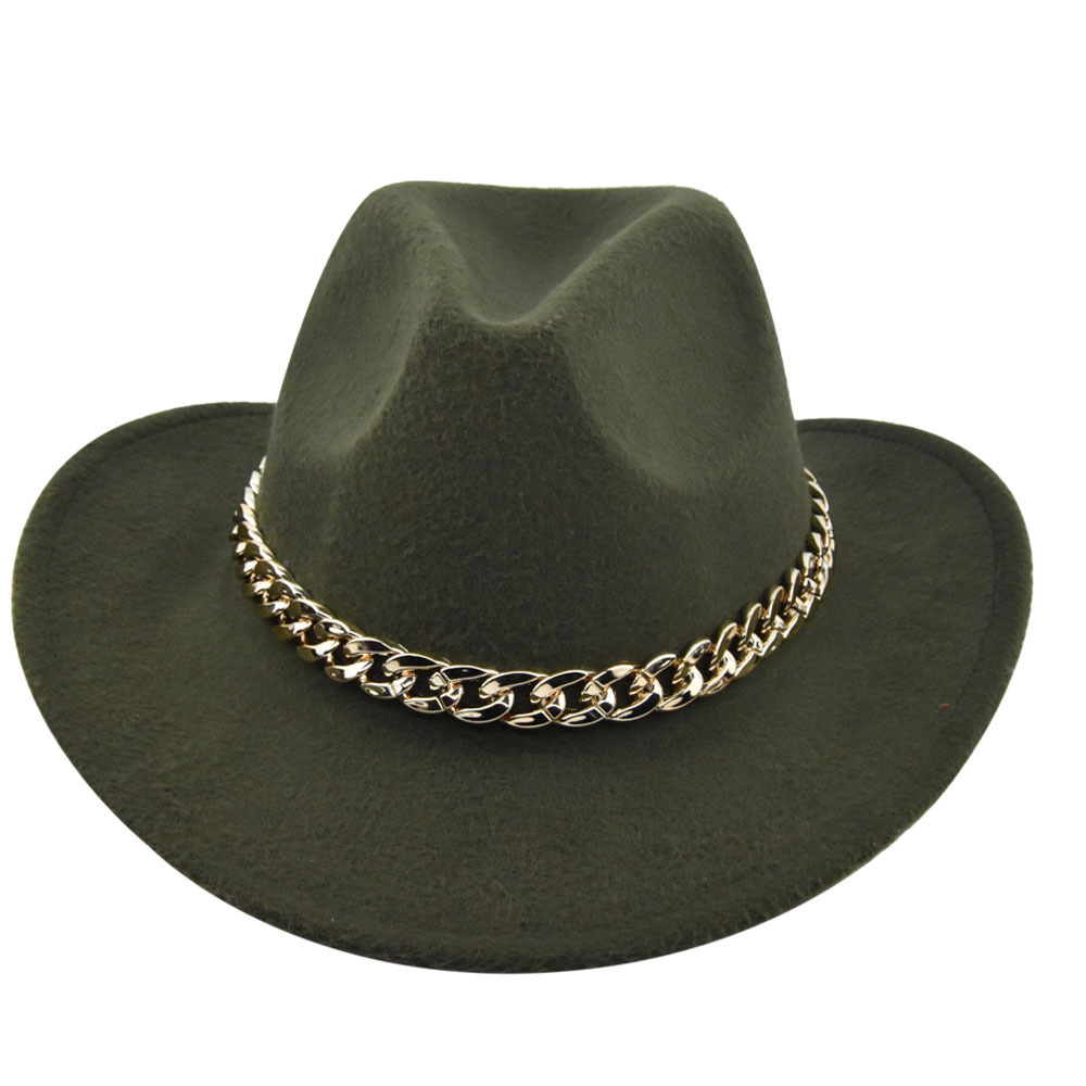 Cappello da cowboy jazz in feltro di lana con catena placcata in oro, cappello da cowboy_voghion.com