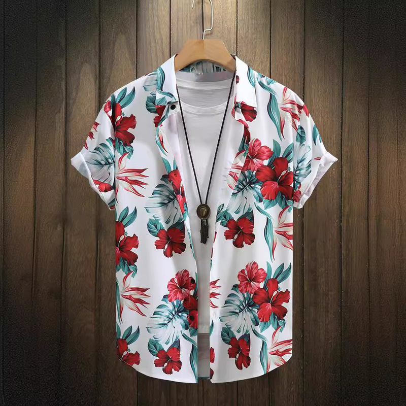 2024 Amazon foreign trade cross-border shirt casual lapel printed thin Hawaiian flower shirt men's shirt