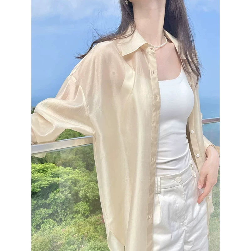 Летний женский комплект из шифона YS8: рубашка с защитой от солнца, кардиган из ледяного шелка и тюля, юбка-подвязка и шаль.