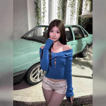 美式辣妹蓝色镂空扭结针织衫女春秋冬内搭打底衫独特别致长袖上衣