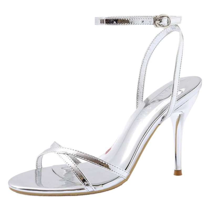 Лето 2023 новые сандалии на высоком каблуке женские тонкие каблуки с пряжкой ремешок с открытым носком Сексуальные Серебряные тонкие сандалии больших размеров маленького размера