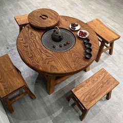 古いニレ材の炉茶テーブル B&B 中庭アイスティーテーブル ラウンド無垢材ティーテーブル バーベキュー鍋テーブル 茶室ラウンドテーブル