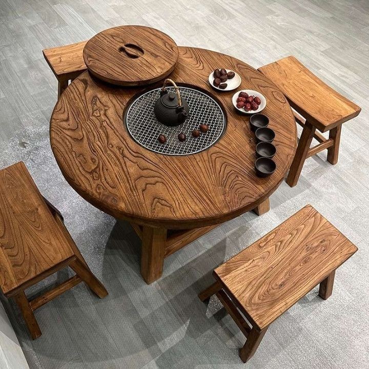 古いニレ材の炉茶テーブル B&B 中庭アイスティーテーブル ラウンド無垢材ティーテーブル バーベキュー鍋テーブル 茶室ラウンドテーブル|undefined