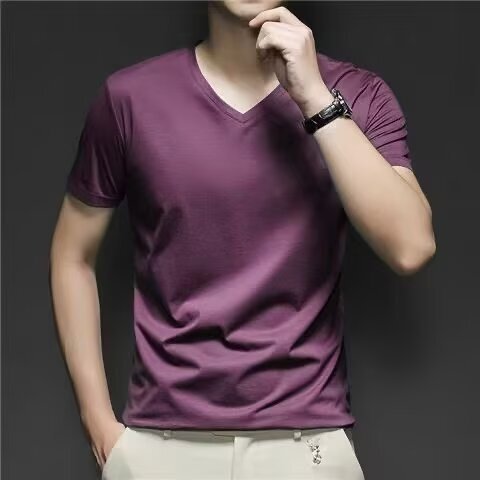 Cool V-Neck Men's Short-Sleeved Summer Ice Silk Solid Color Base T-Shirt, Simple and Versatile Half-Sleeve Cool Quick-Drying T-Shirt for Men Cool V-Neck Men's Short-Sleeved Summer Ice Silk Solid Color Base T-Shirt, Simple and Versatile Half-Sleeve Cool Quick-Drying T-Shirt for Men