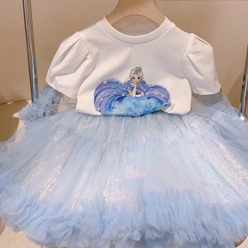 Girls summer suit 2024 new children's short-sleeved T-shirt Frozen two-piece set baby style skirt