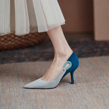 高跟鞋女细跟2022年春季复古拼色设计感蓝色气质尖头浅口单鞋