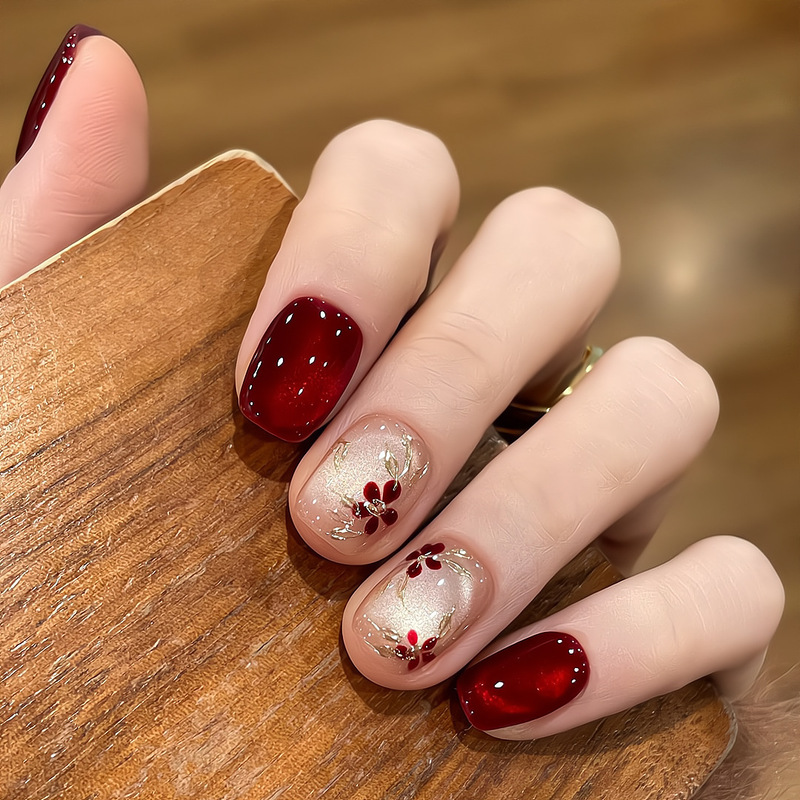 [Ling Luo Original] French Gentle Ankora Red Cat Eye Gilt Embroidery Flower Handmade Manicure Finished Products Wholesale
