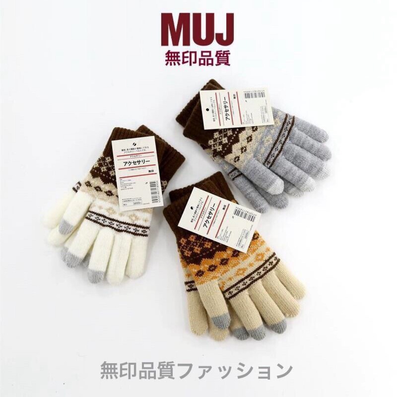 Muji Winter Warm Gloves with Fleece Lining, Thickened Autumn and Winter Jacquard Design, Unisex Cold-Proof Knitted Gloves for Cycling and Stylish Commuting