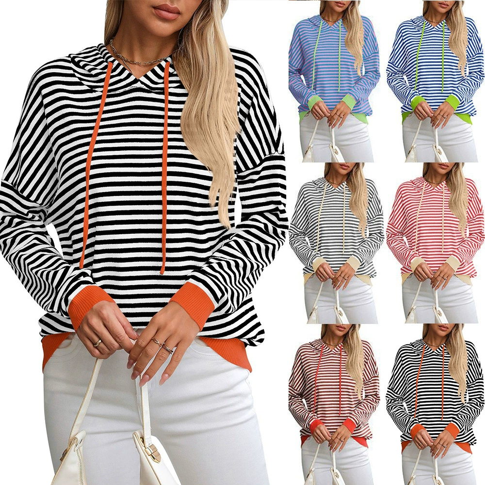 2024 осень и зима новый трансграничный европейский и американский женский амазонка полосатый цвет с длинными рукавами повседневный свитер толстовка с капюшоном женский