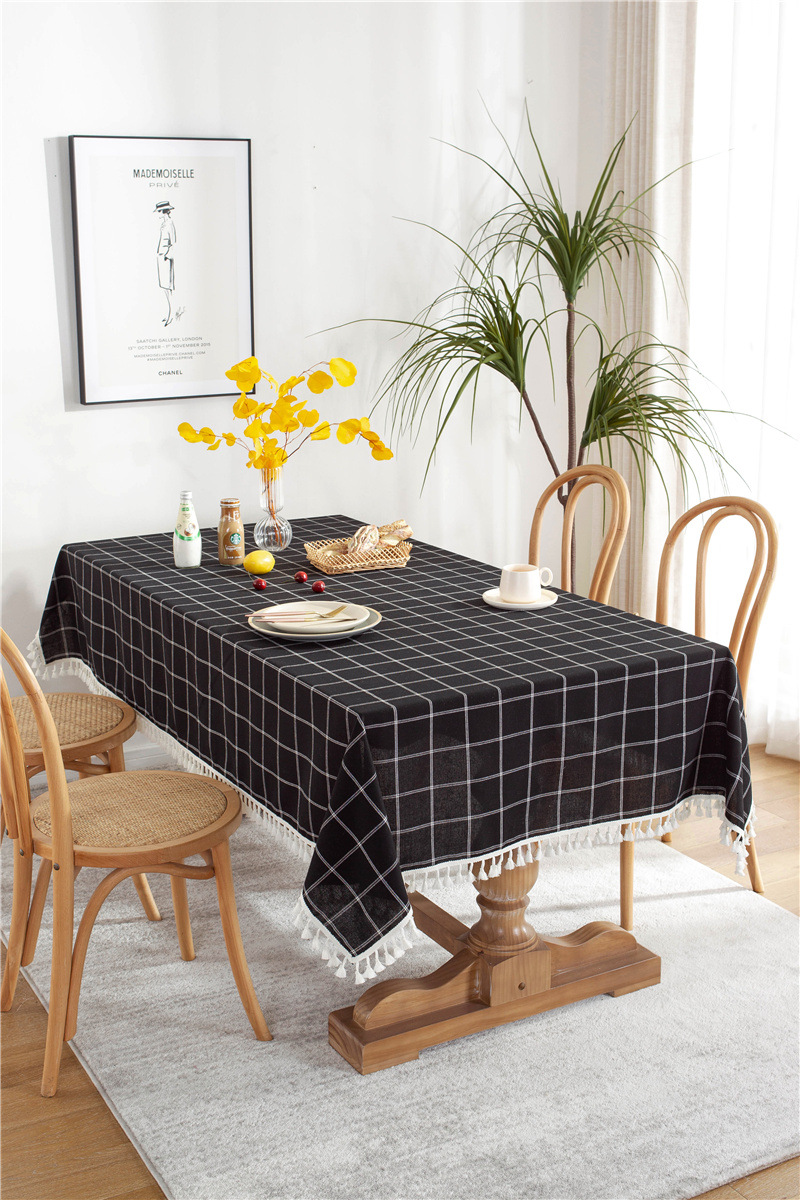 Cafe Double-line Plaid Cotton-polyester-linen Tassel Geometric Rectangular Dining And Coffee Table Tablecloth, Available_voghion.com