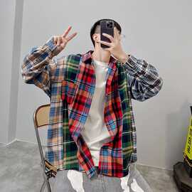 秋季新款美式复古拼接格纹衬衫男女宽松慵懒风衬衣外套长袖上衣潮