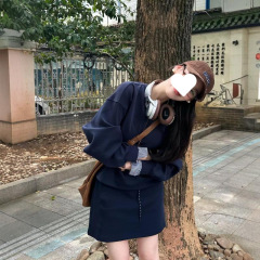 休闲运动服套装女秋季韩系风格子卫衣短裙甜酷少女简约显瘦两件套