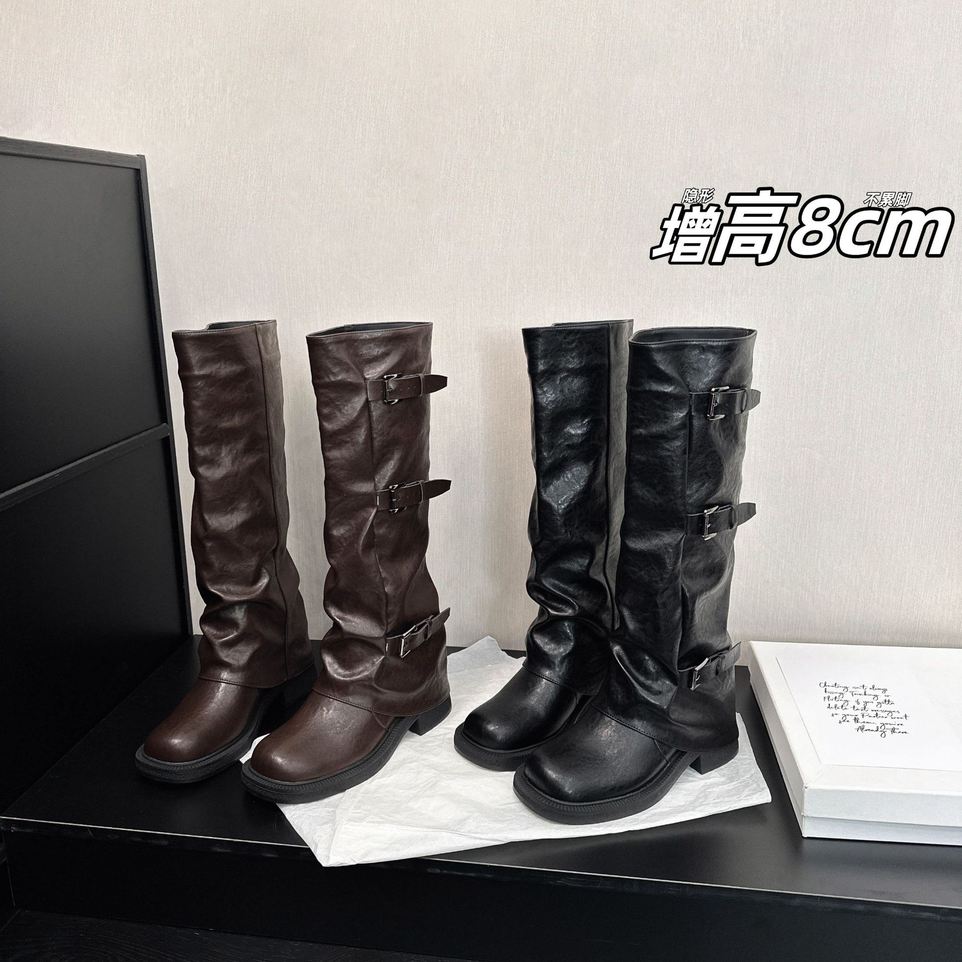 Botas Altas de Caballero para Mujer de 8 cm, Superfibra y Caucho, Con Aumento, Suela Gruesa, para Otoño e Invierno