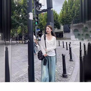 纯欲风白色T恤女夏季薄纱防晒v领长袖罩衫宽松慵懒设计感小众上衣