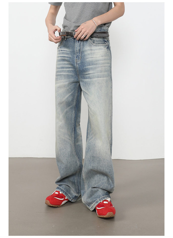 Quần jeans nam ống rộng dáng thẳng lưng giữa, phong cách retro, dài chấm gót — màu xanh chi tiết 12