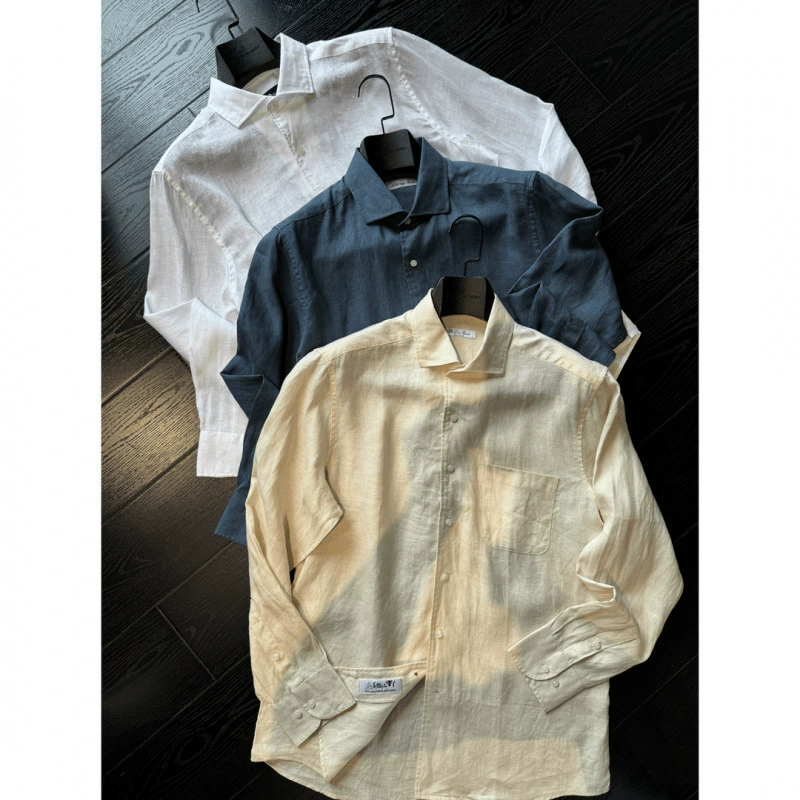 Льняная повседневная тонкая и дышащая молодежная литературная рубашка Fan Gangfeng Fashion сплошной цвет премиум-класса мужская рубашка с длинными рукавами