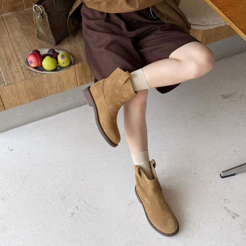 磨砂切尔西马丁靴女平底直筒瘦瘦靴秋冬加绒复古反毛皮短靴女|undefined