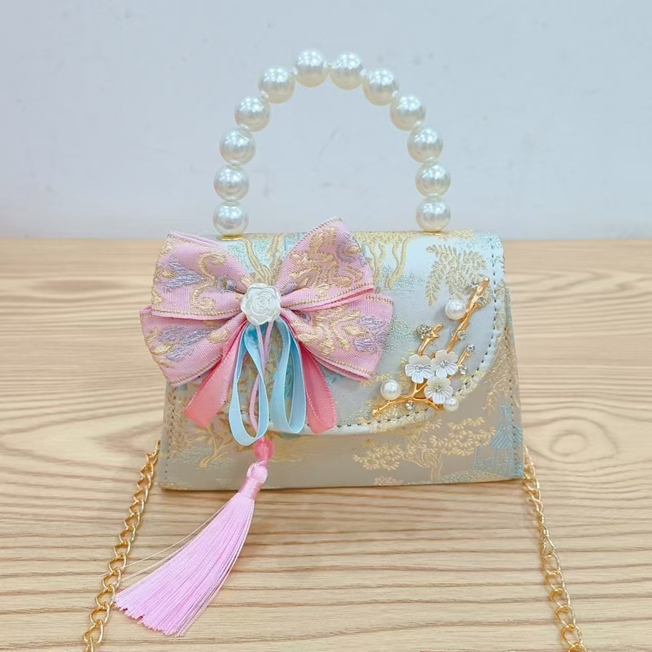 Bolso de princesa de estilo chino bolso de cadena bolso de perla bolso de mano para niñas bolso de accesorios de ropa de vestir regalos del día del niño