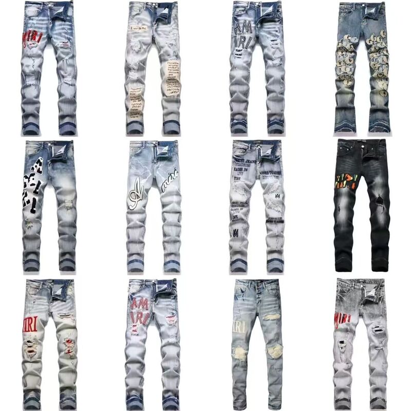 Pure Original Trendy Brand Am Street Hip-Hop Personality Trendy Jeans Men's High Street Distressed Pants Stretch Slim Long Pants Light Luxury