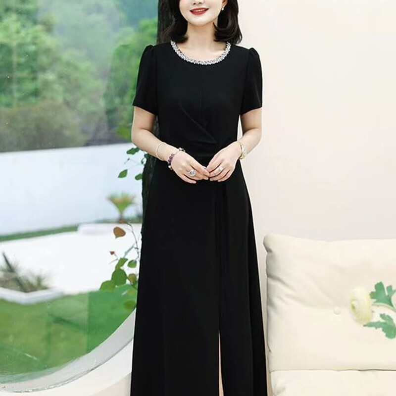 8069 Summer Style Korean Simple and Elegant Long Dress with Beaded Embellishments and Slit 8069 Summer Style Korean Simple and Elegant Long Dress with Beaded Embellishments and Slit