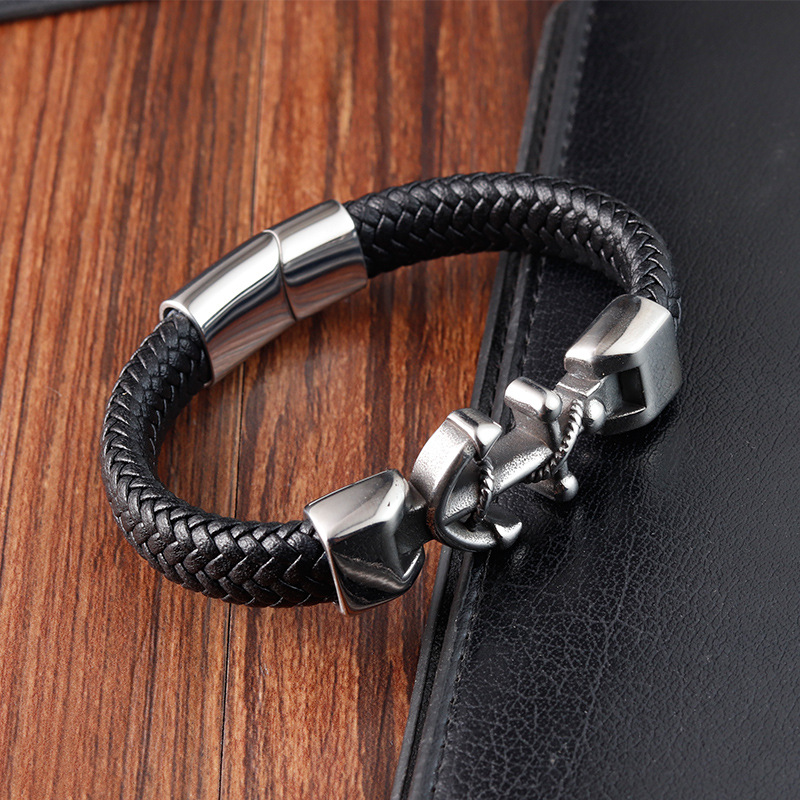 Anchor Pattern Retro 316L Stainless Steel Leather Anchor Men Cord & Leather Bracelets