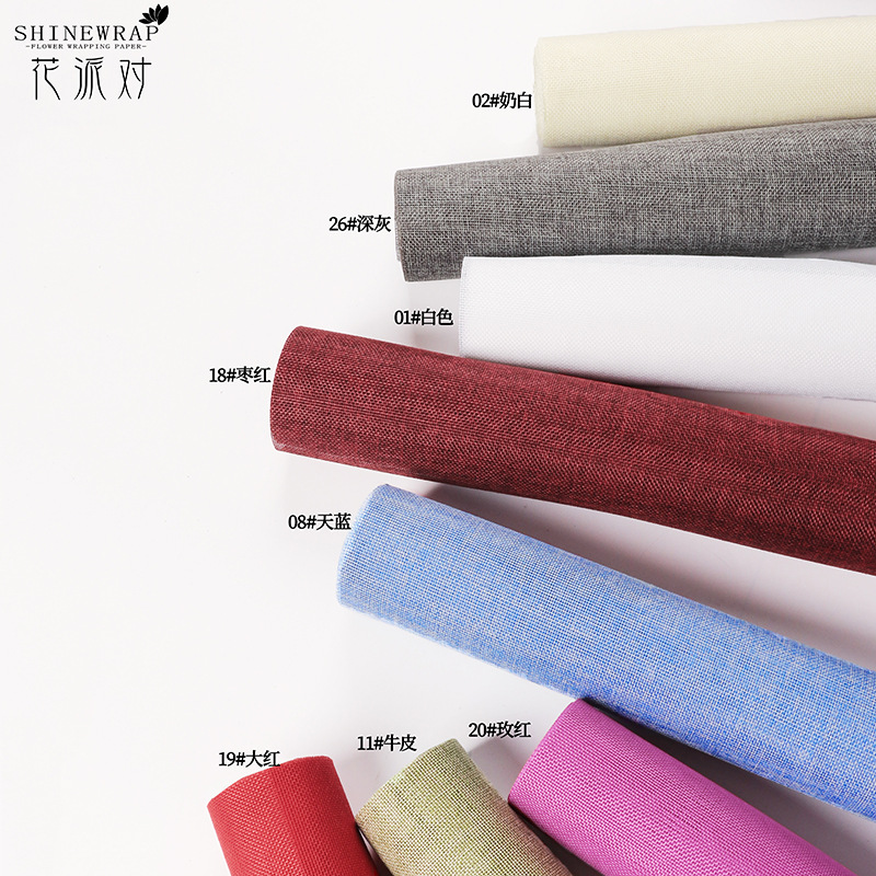 Fábrica de fiestas de flores al por mayor de color sólido enrollar hilo de red flor envasado tela de red florista ramo de flores envasado hilo de red colorido lino rollo