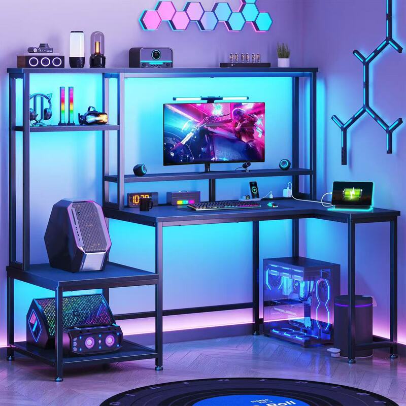 Customized L-Shaped Computer Desk with Bookshelf and Storage Shelves, Printer Space, and Monitor Stand That Can Be Interchanged Left and Right Customized L-Shaped Computer Desk with Bookshelf and Storage Shelves, Printer Space, and Monitor Stand That Can Be Interchanged Left and Right