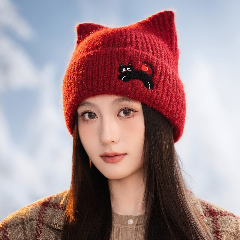 KANGLMOS猫耳朵帽子女可爱毛线帽秋冬季加厚保暖防寒针织护耳冷帽|undefined