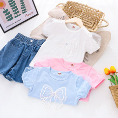 Children's Summer 2024 New Princess Bubble Sleeve Butterfly Knot Sparkling Short Sleeve T-Shirt for Girls