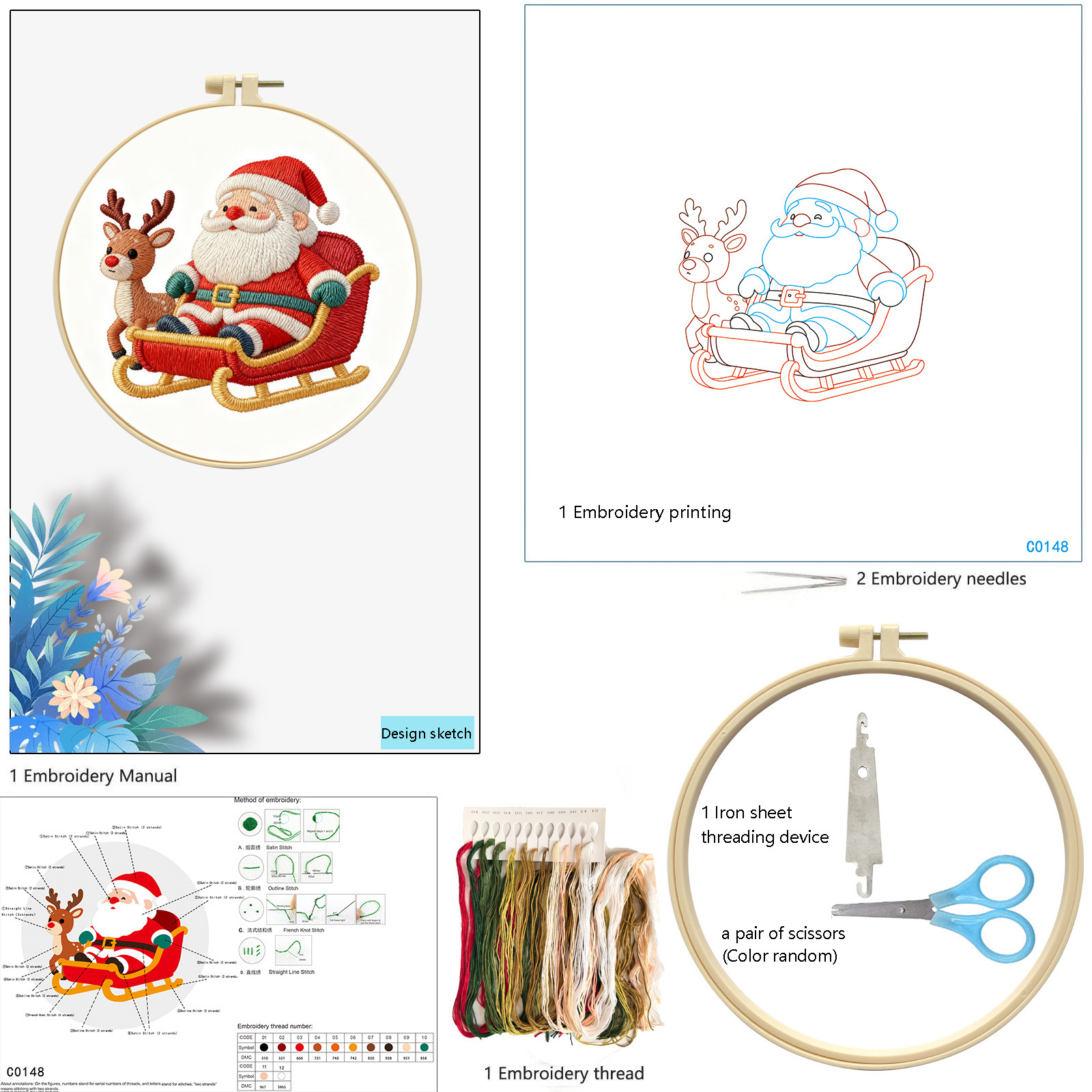Nuevos productos transfronterizos de Navidad dedicados a Santa Claus y alces lindos bordados de dibujos animados paquetes de materiales hechos a mano diy