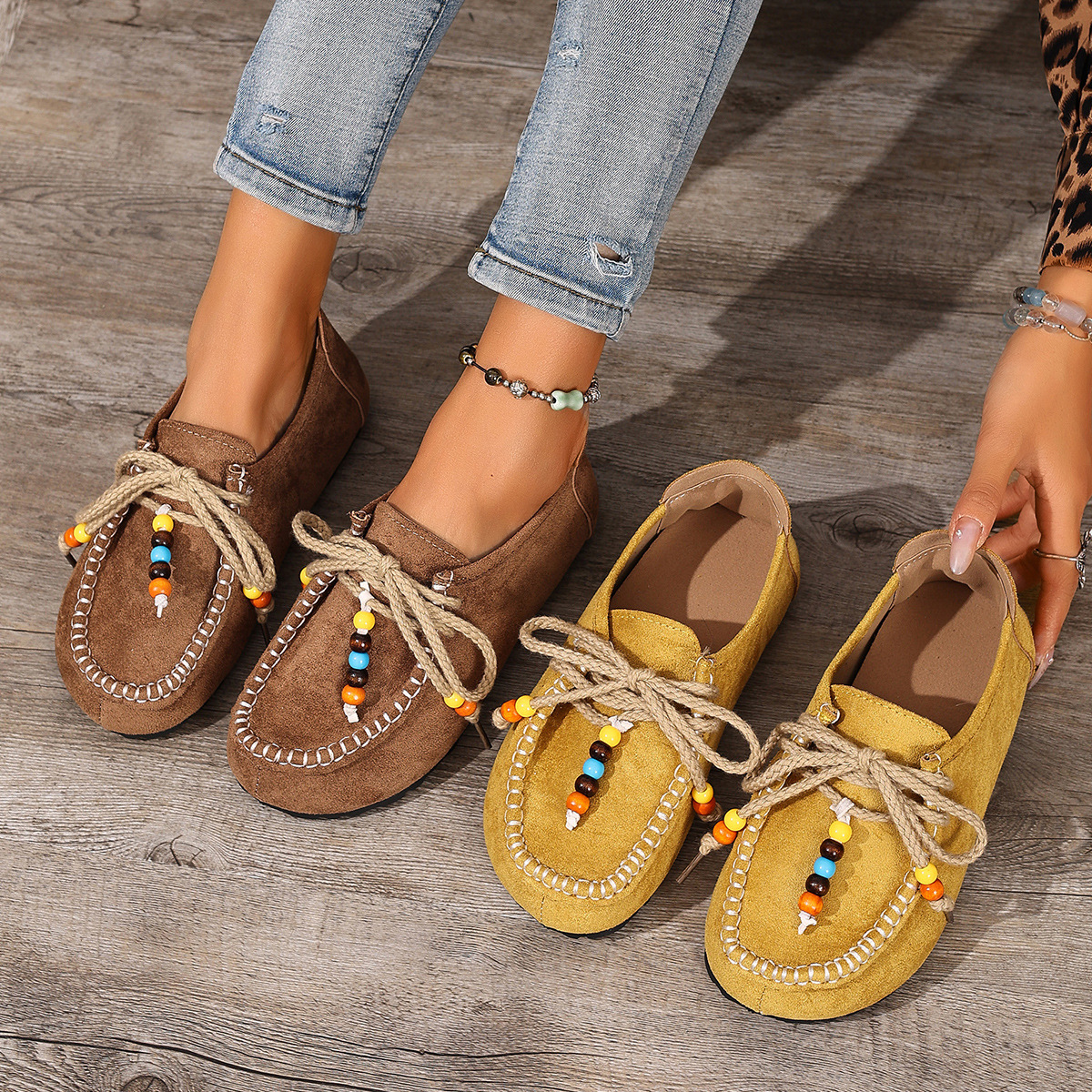 Plus Size Lace-Up Beaded Casual Shoes 2025 Autum New Export Cross-Border Suede Retro Round-Toe Loafers for Women