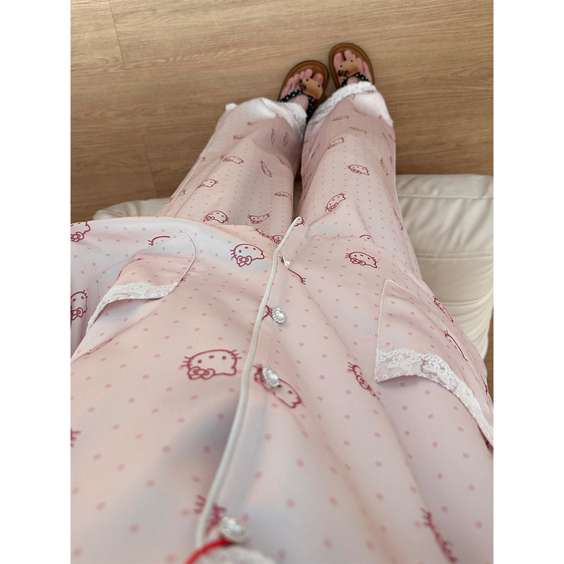粉色少女可爱卡通kitty猫印花睡衣女夏季新款长袖长裤家居服套装|undefined