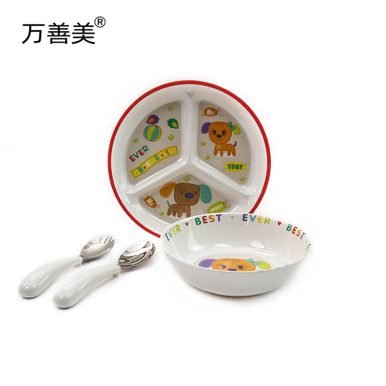 Creative Cartoon Baby Feeding Tableware Four-Piece Set Fork, Spoon, Plate, Bowl and Tableware Set Melamine Mother and Baby Promotional Gift
