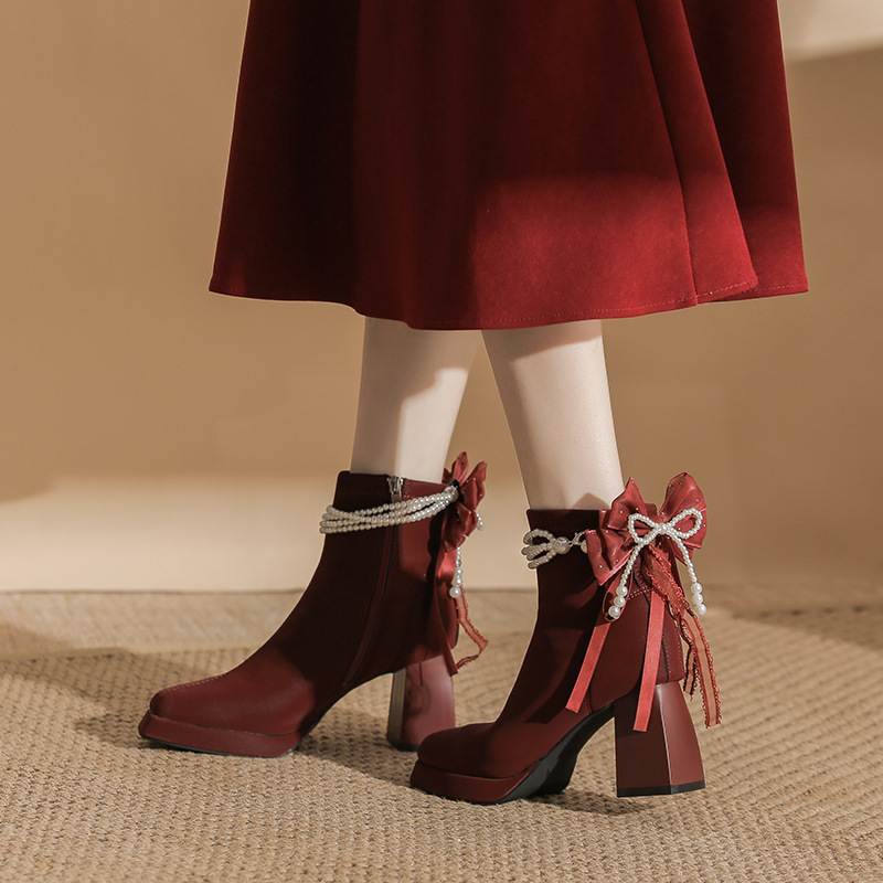 8076-Y13-L52 Little Red High-Heeled 7cm Short Boots for Women Winter New Square Toe Suede Bow Show 8076-Y13-L52 Little Red High-Heeled 7cm Short Boots for Women Winter New Square Toe Suede Bow Show