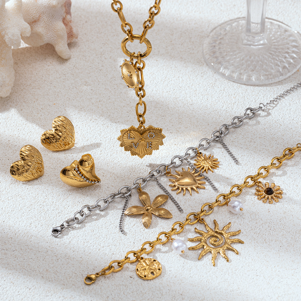Collar de acero inoxidable TENA lujo ligero de alto nivel de sensación versátil conjunto de joyería de amor del sol ventas calientes transfronterizas mujeres image 1