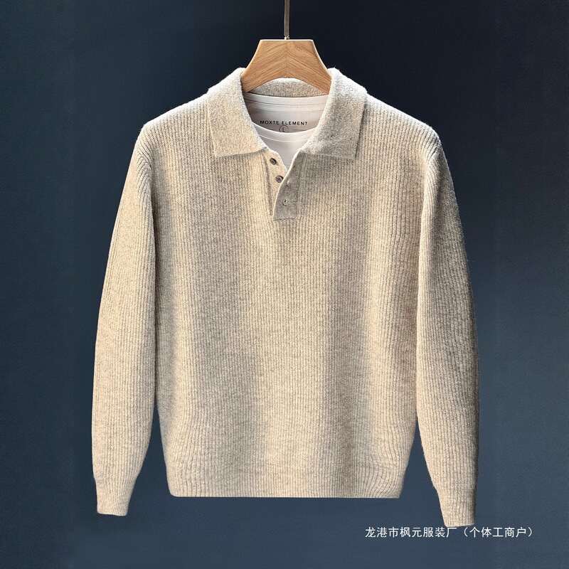New Style Solid Color Cashmere Thickened Cable Knit Two-Button Polo Sweater with Cable Pattern New Style Solid Color Cashmere Thickened Cable Knit Two-Button Polo Sweater with Cable Pattern