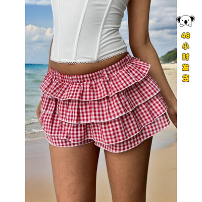 K 15641 Heart plaid ruffled puff skirt 爱心格子褶皱蓬蓬半裙