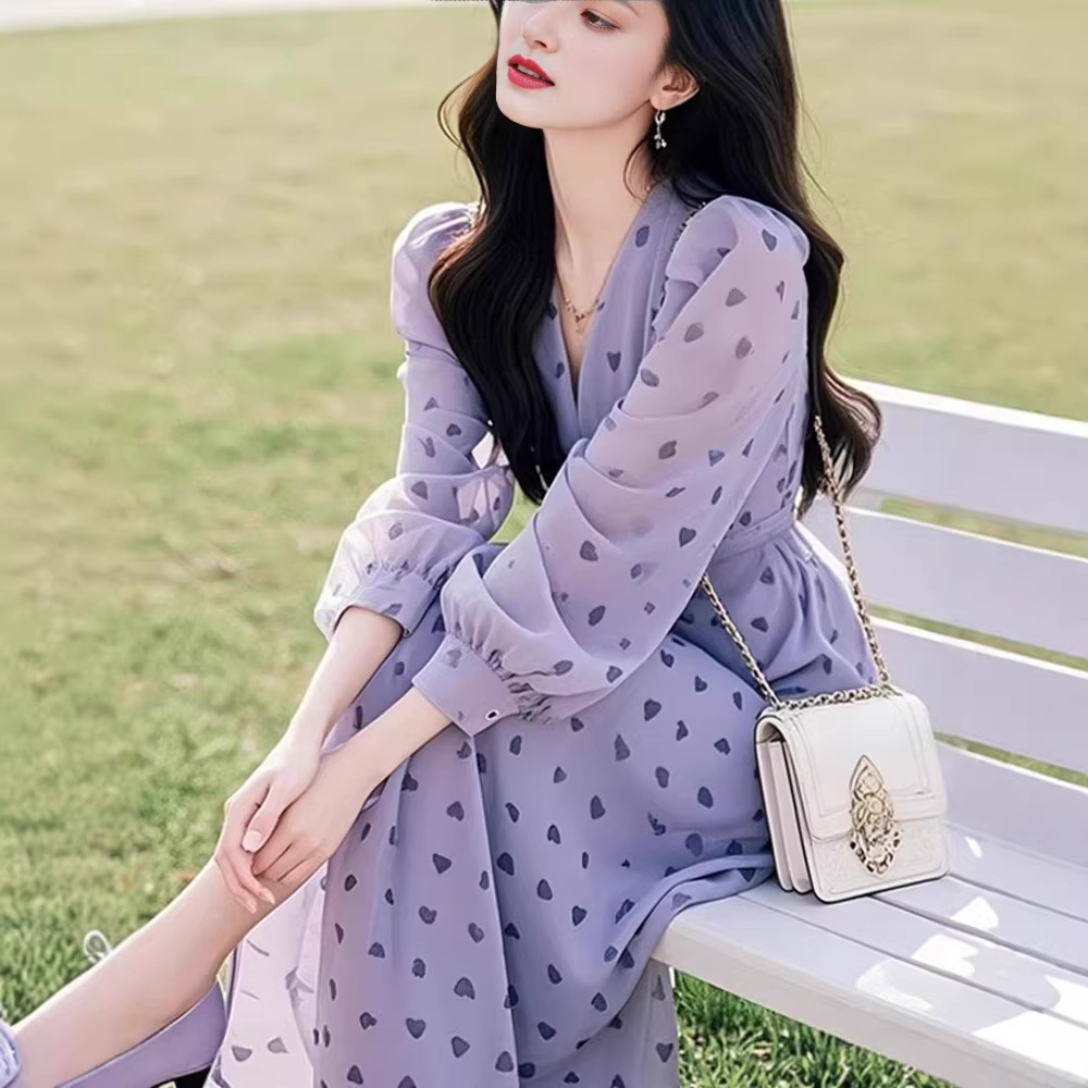 Váy dài maxi nữ họa tiết hoa tình yêu kiểu Pháp cổ điển — Hoa tím chi tiết 4