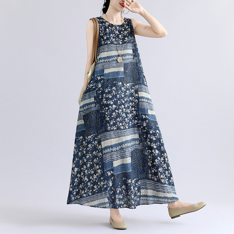2026 Summer New Style Large Size Loose Bohemian Long Dress Artistic Round Neck Printed Tank Top Sleeveless Dress