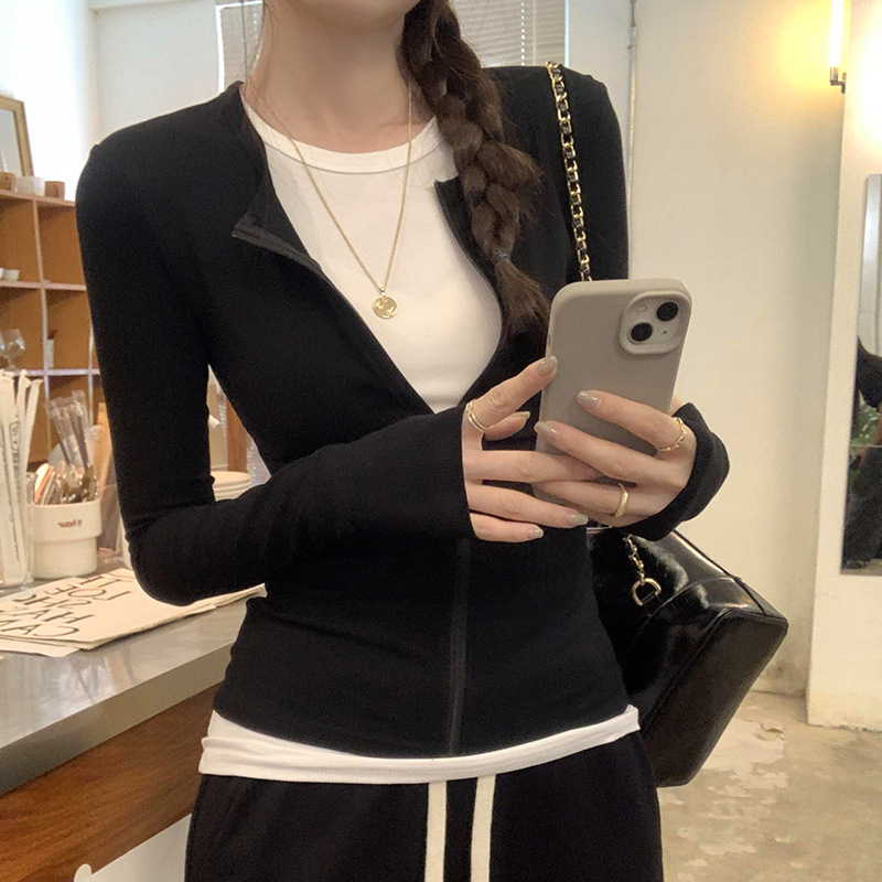 Trendy Black Faux Two-Piece Zip-Up Pullover T-Shirt for Women, Slim Fit Long-Sleeve Top for Spring and Autumn, New Style