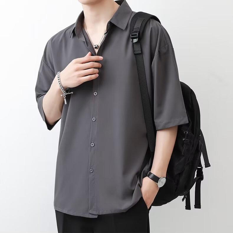 Cross-border Explosions Non-ironing Short-sleeved Shirt Men's Thin Trendy Loose Draped High-end Casual Five-point Shirt Cross-border Explosions Non-ironing Short-sleeved Shirt Men's Thin Trendy Loose Draped High-end Casual Five-point Shirt