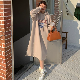 五笔蟹原宿风中长卫衣女ins韩版条纹长袖连衣裙冬季韩版宽松加绒